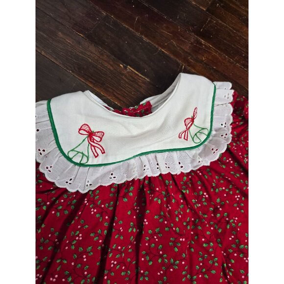 ❤️Vintage Rare Editions Red Holly Christmas Dress Cotton 6-9 Months - Picture 2 of 11